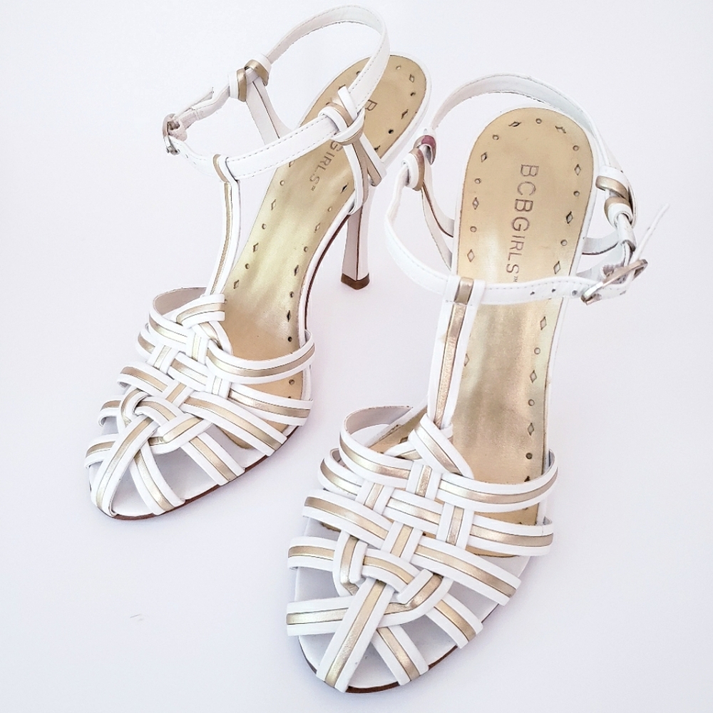 BCBGirls White and Gold Strappy Leather Heels